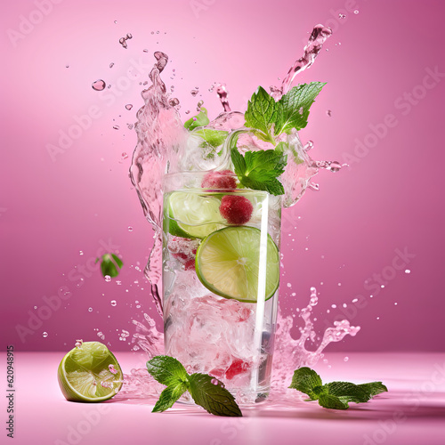 Mojito cocktail drink  pink background  splashing drops  Generative AI