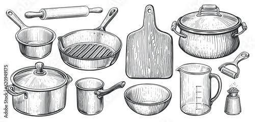 Fényképezés Kitchen utensils set in vintage engraving style