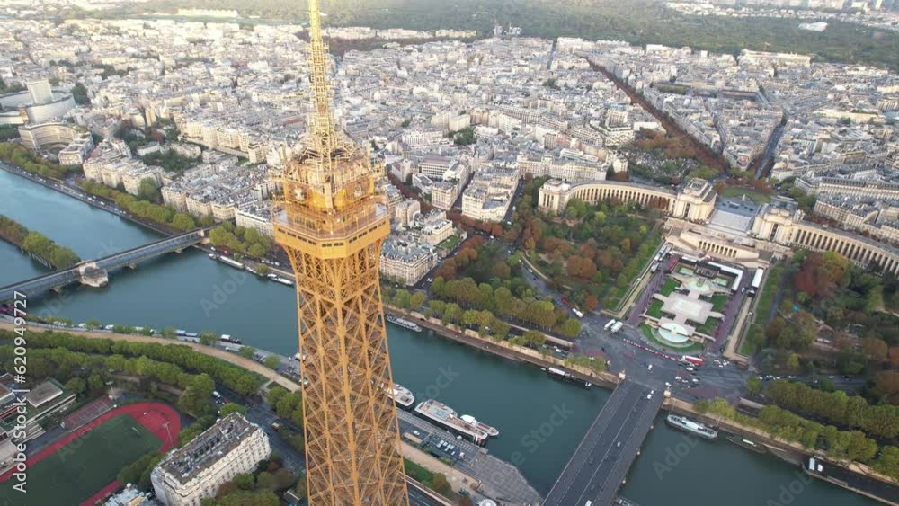Aerial close up view of Paris Eiffel Tower Tour de Eiffel and panoramic view over Seine River and Paris city attractions at sunrise sunset