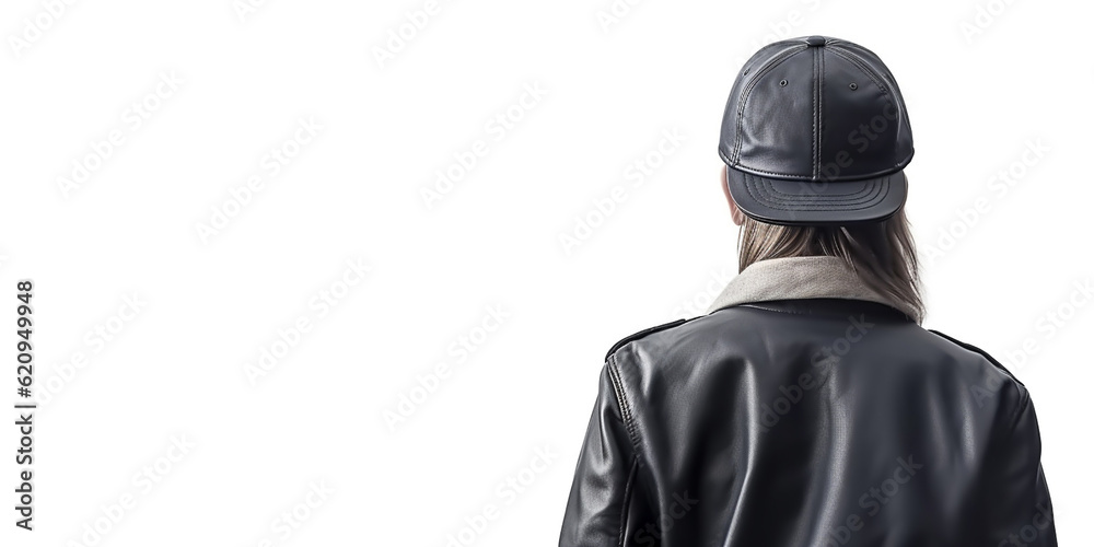 Fototapeta premium A young girl in a student or youth style, a portrait from the back and close-up in a studio shot on an isolated background. Generative AI