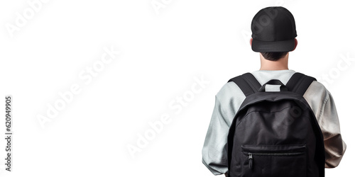 A boy with a small urban backpack on his shoulders, viewed from the back and studio shot on an isolated background. Generative AI