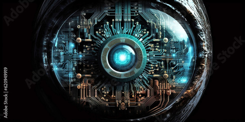 Computer vision. Electronic eye on a printed circuit board. Generative AI