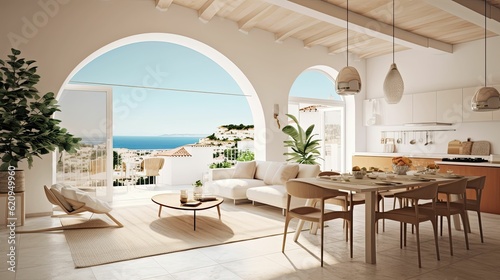 Mediterranean-inspired living room and dining room design space with modern furniture and indoor plants. Open plan, sea view, Generative AI © Kazia