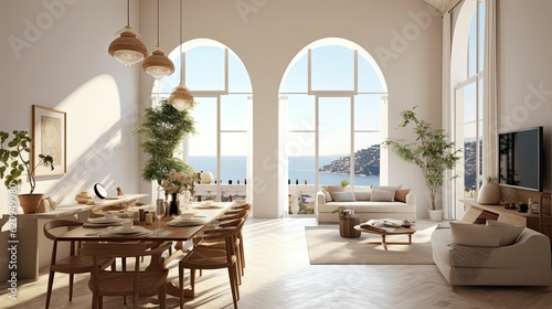 Mediterranean-inspired living room and dining room design space with modern furniture and indoor plants. Open plan, sea view, Generative AI © Kazia