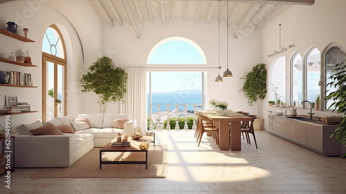 Mediterranean-inspired living room and dining room design space with modern furniture and indoor plants. Open plan  sea view  Generative AI