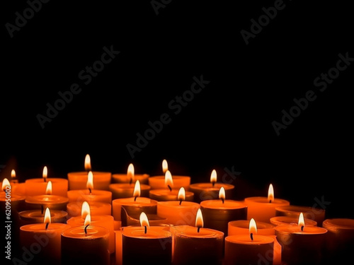 Many burning decorative candles on an isolated black background. Generative AI
