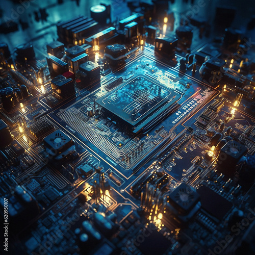 Closeup, cpu and digital circuit with microchip, hardware and information technology coding. IT, data science and computer system with motherboard, programming or ai generated cyber security in night