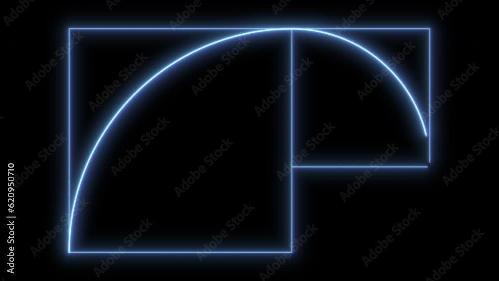2d blue glow line animation of golden ratio Fibonacci sequence golden number on a black background fitting for overlay layer or compositing