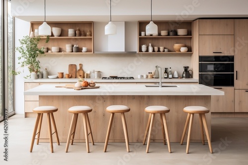A kitchen with stools next to a counter. AI