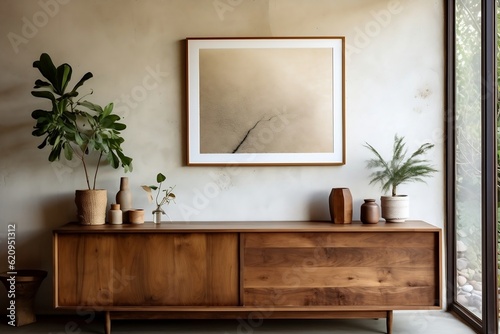 A wooden dresser with a vase on top of it. AI