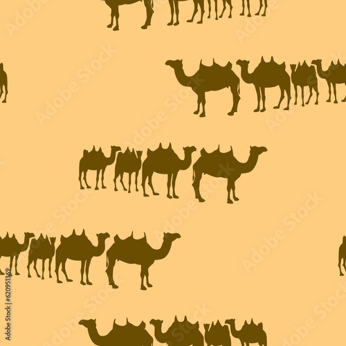 Black camel silhouette isolated on sand color background vector seamless pattern design.