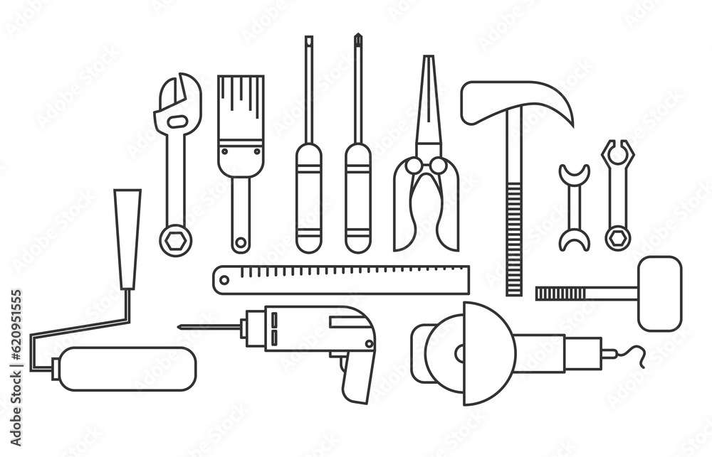 Collection of carpentry tool icons in line art style isolated white background Collection of carpentry tool icons in line art style isolated white background