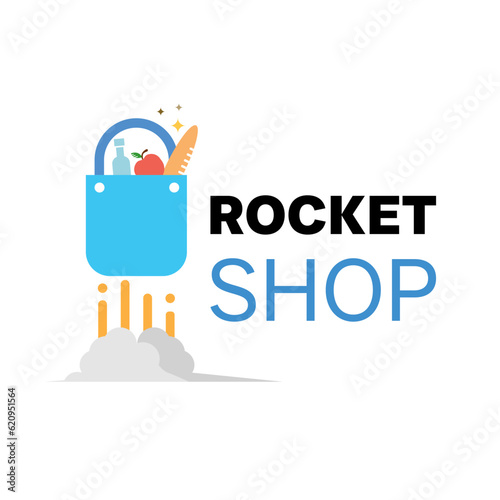 An abstract logo of a rocket shop is isolated on a white background. Basket logo design with grocery items flying like rockets