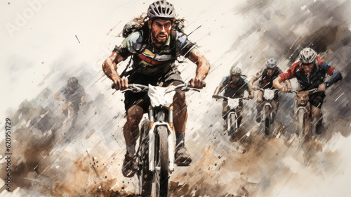 A mountain biker competes in a race, surrounded by other riders.