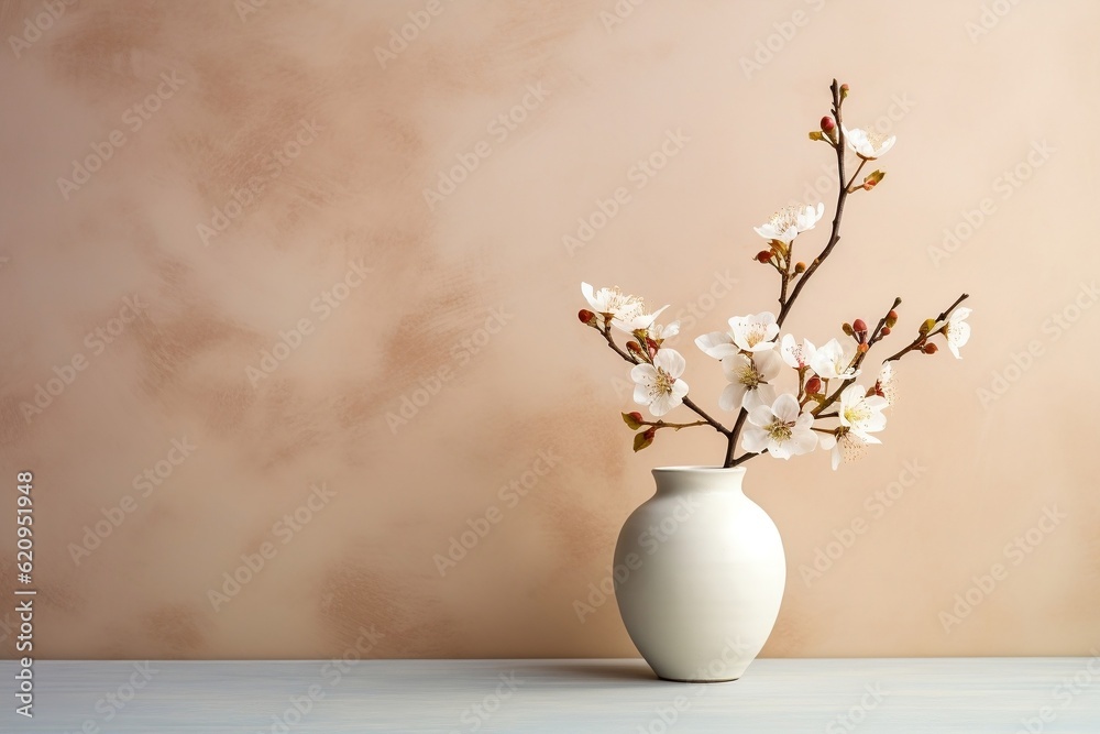 A white vase filled with white flowers on top of a table. AI