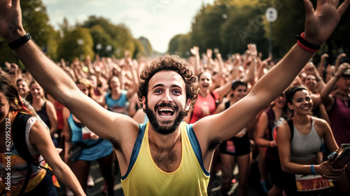 Friends cheer on a marathon runner, their encouragement motivating him to keep going.