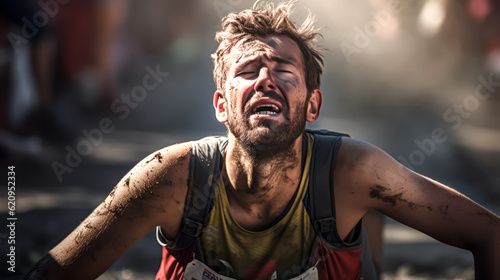 A marathon runner comes in last, exhausted from the race.