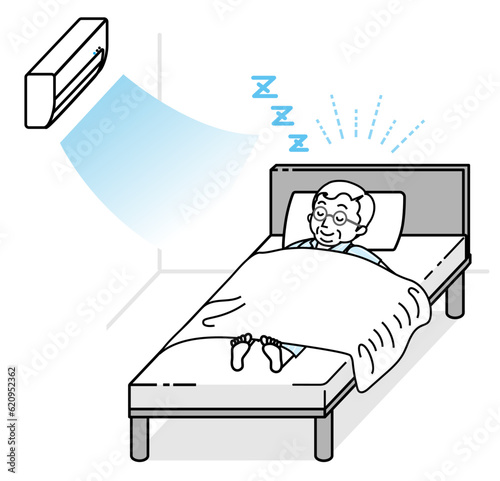 エアコンの効いた寝室で快適に眠るシニア男性　線画