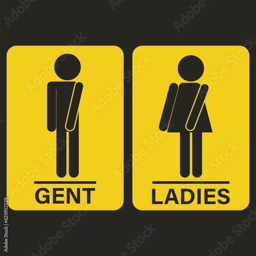 Printable set of yellow black square rectangle sign for men and women or ladies and gent for template restroom, WC, toilet or sexual icon with illustration gestures hand hold pee