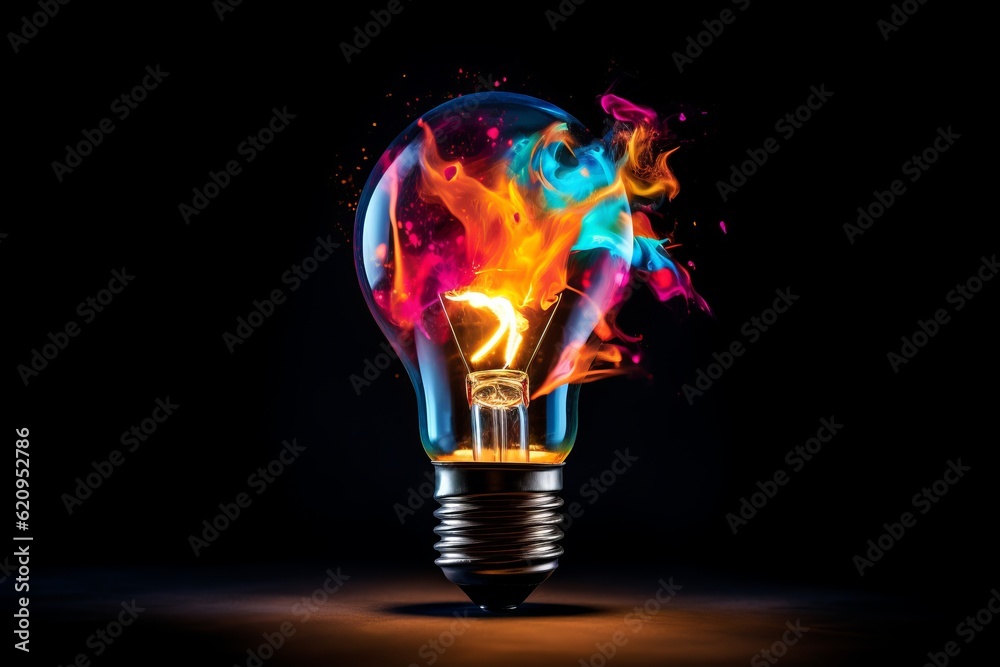 Creative light bulb explodes with colorful paint and colors. New idea, brainstorming concept Creative light bulb explodes with colorful paint and colors. New idea, brainstorming concept