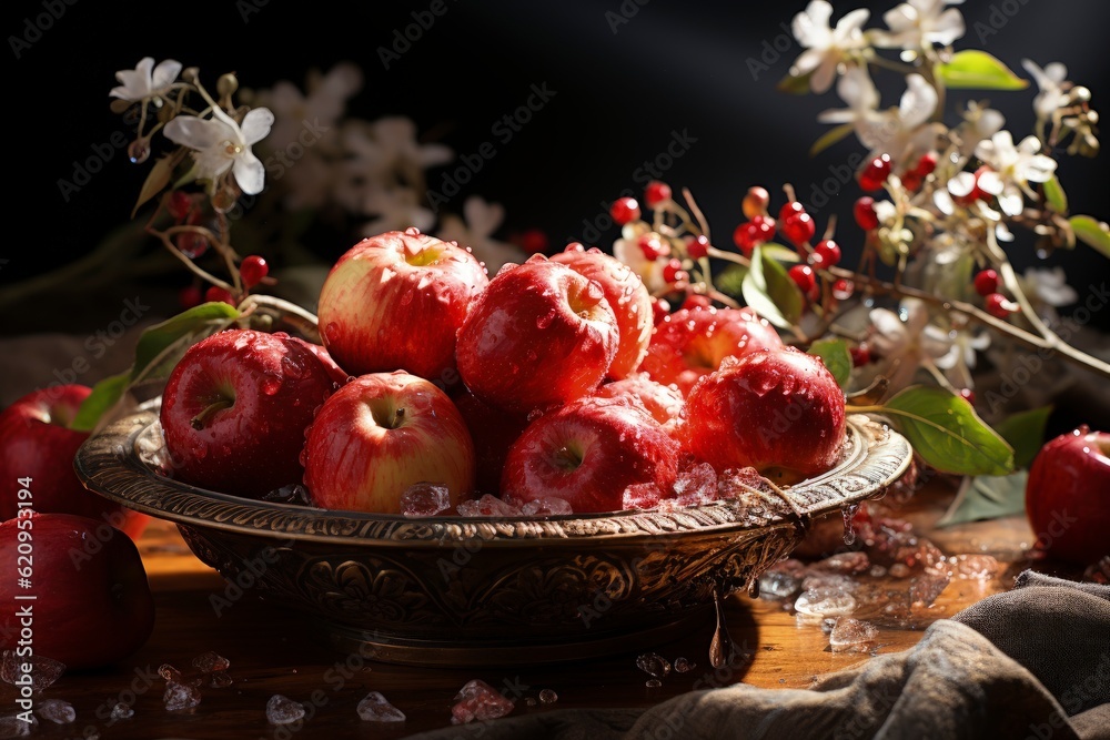 Many ripe juicy red apples covered with water drops as background, created using generative AI tools Many ripe juicy red apples covered with water drops as background, created using generative AI tools