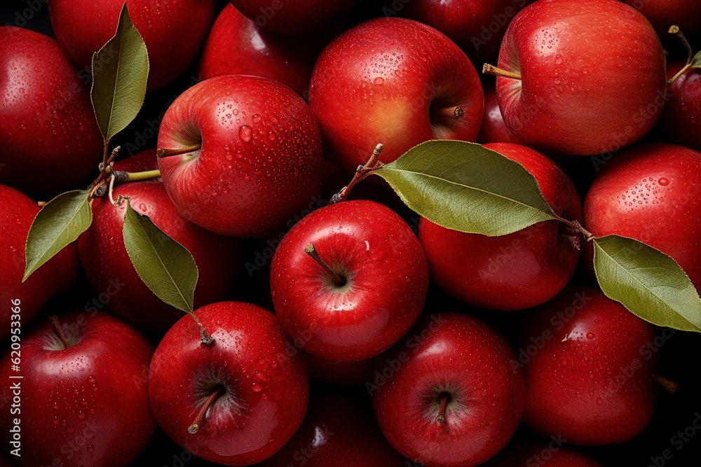 Many ripe juicy red apples covered with water drops as background, created using generative AI tools