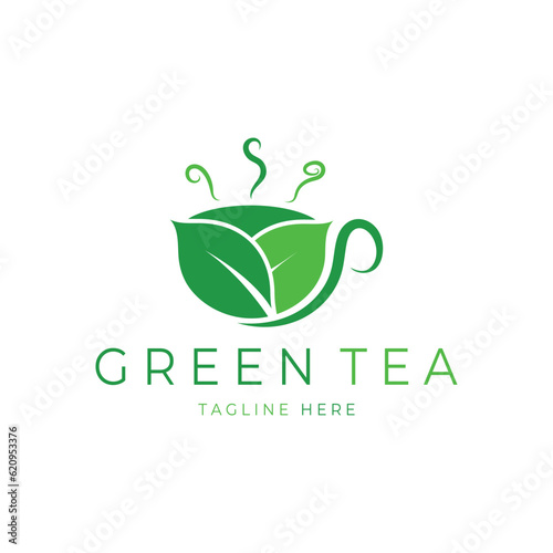 Tea cup logo vector design.Green tea vector logo template.