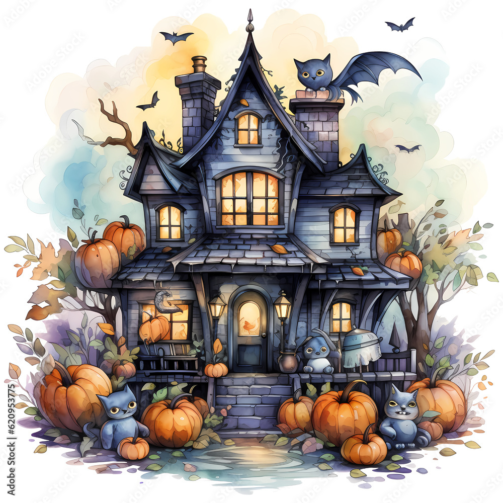 Halloween is a holiday with pumpkins and haunted houses. Watercolor illustration AI Genrative Halloween is a holiday with pumpkins and haunted houses. Watercolor illustration AI Genrative