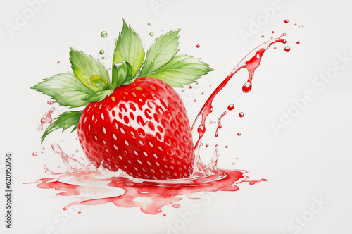Watercolor Ripe Strawberry Fruit Illustration with Green Leaves and Colorful Paint Splash Isolated on White Background. Aquarelle Wallpaper Design for Banner  Poster  Invitation  Menu or Card. AI