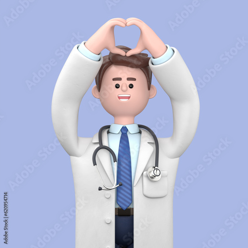 3D illustration of Male Doctor Lincoln showing heart gesture, making compliment, love sign. Medical presentation clip art isolated on blue background 
