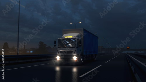 Technology Concept. Autonomic futuristic Euro semi truck with Cargo Trailer Drives at Night on Road with Sensors Scanning Surrounding. Special Effects of Self Driving Digitalizing Freeway