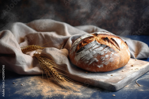 Homemade bread with seeds on rustic background. Rustic bread. Generative AI