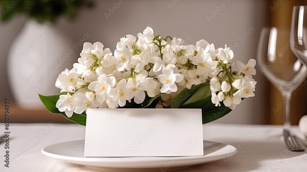 Blank white invitation wedding paper with flower and plants background Ai Generated