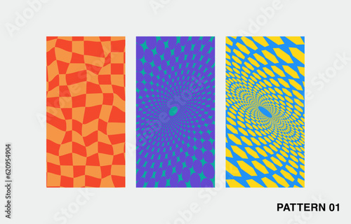 three colourful contemporary techno Y2K graphic resource pattern design. a variety of experimental eclectic geometry pattern. 