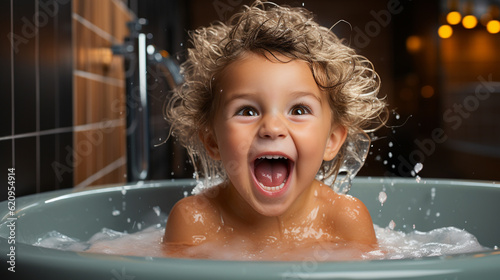 Happy mixed race toddler  laughing in a bath. Bathroom scenery.
