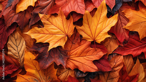 Top view of red  orange  and yellow leaves background  fallen leaves in autumn. Generative ai.