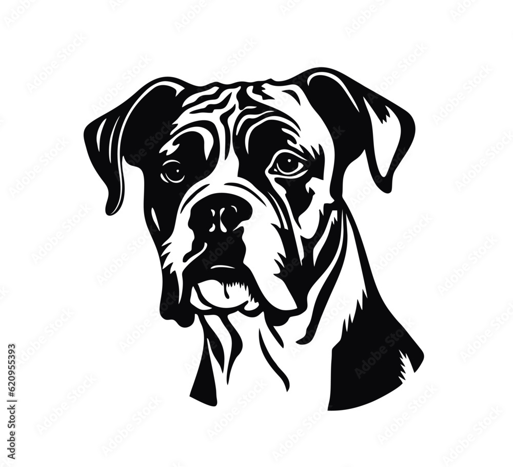 Vector isolated one single sitting Boxer dog head front view black and white bw two colors silhouette. Template for laser engraving or stencil, print for t shirt	