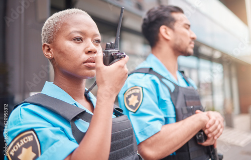 Police, radio and patrol with a black woman officer outdoor on a city street for law enforcement. Walkie talkie, communication and a female security guard talking during crime prevention for safety