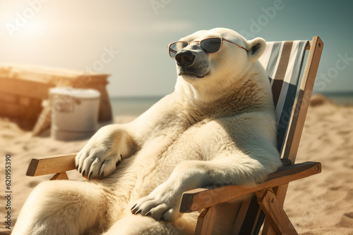 Papier peint polar bear on the beach sitting on a deck chair and wearing sunglasses