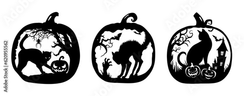 Halloween scene with a big Jack pumpkins with a spooky castle and bats, cats, web, spider, dead man's hand and dead tree inside.