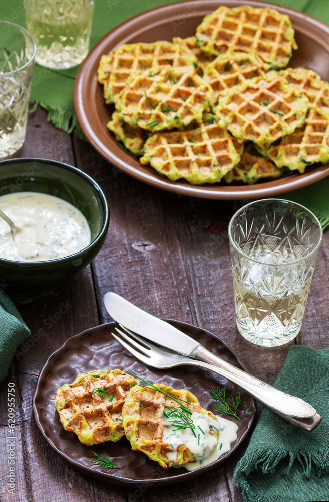 Zucchini wafers with dill and onion, served with sour cream sauce and wine.