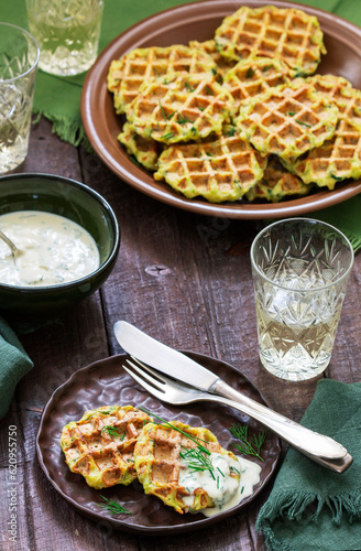 Zucchini wafers with dill and onion, served with sour cream sauce and wine.