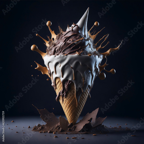 Delicious splash ice cream cone design with exploding and liquify chocolate pieces. Isolated sundae on clean background. Illustration for Banner, Invitation, Promo or Poster. Ai Generated.