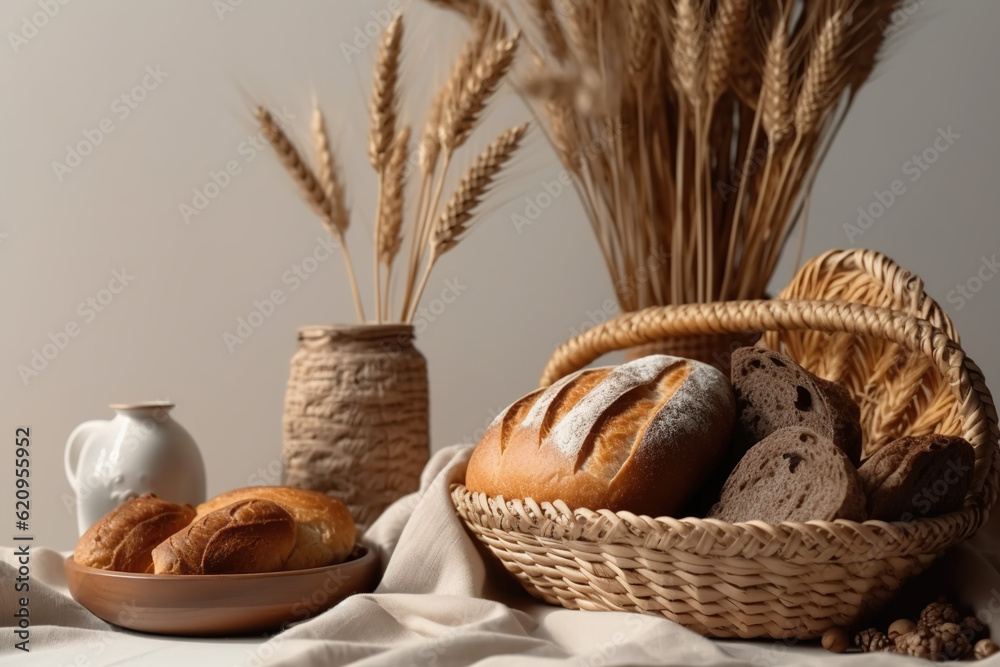 Basket full of freshly made breads, white table background and white cloths. ia generate