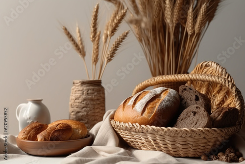 Basket full of freshly made breads  white table background and white cloths. ia generate