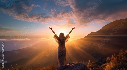 Happy woman with raised hands in the mountains on a background of the sunset © Meow Creations