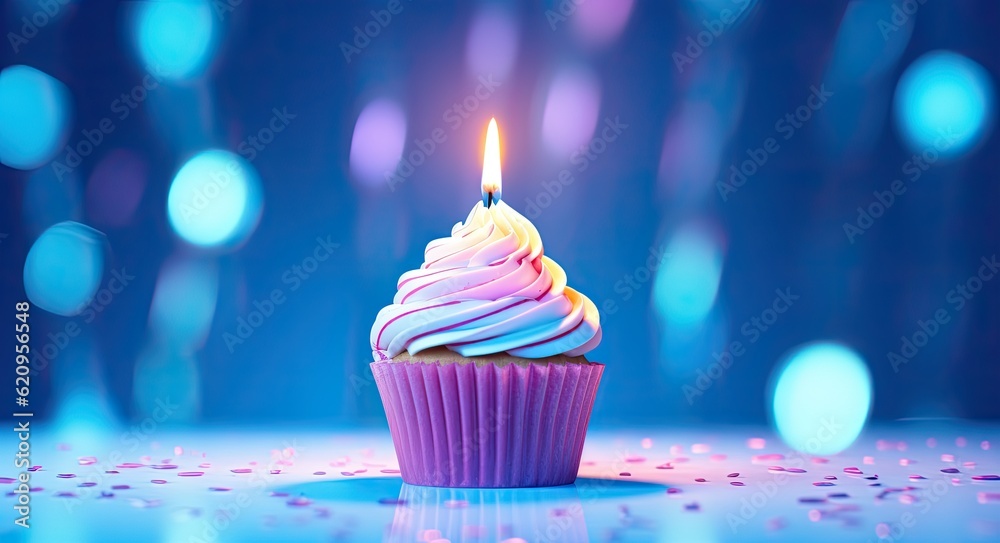 Birthday cupcake with burning candle on blue bokeh background