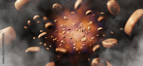 Roasted coffee beans floating in the air aroma freshly roasted coffee with smoke and fire Arabica Robusta 3D illustration