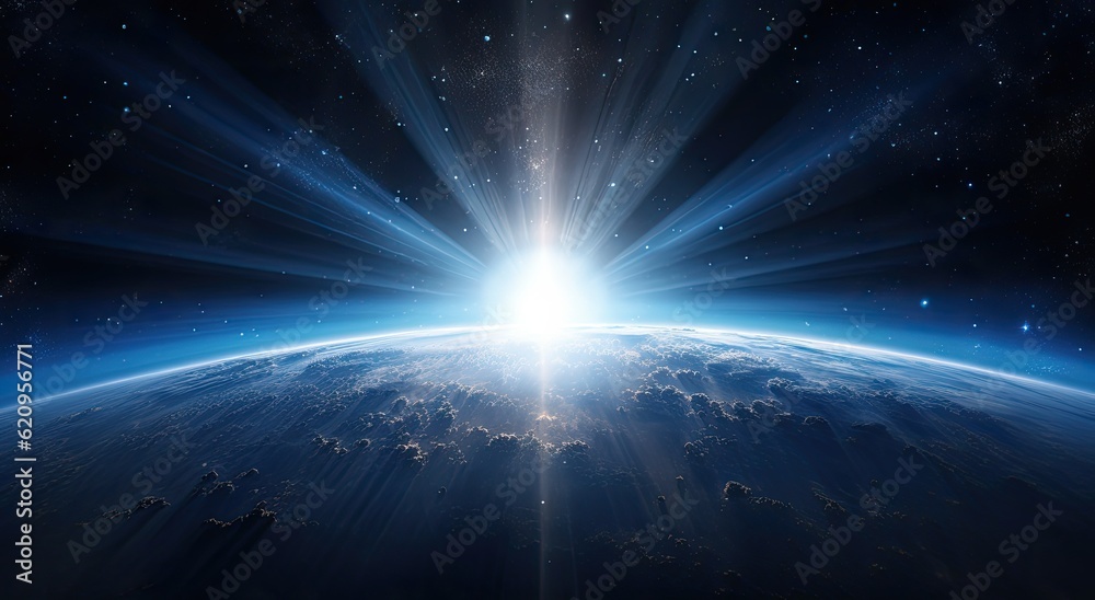 Sunrise over the planet Earth in space. 