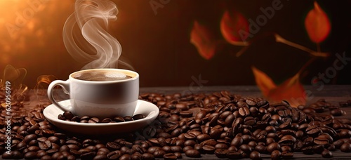 Cup of coffee with coffee beans on wooden table and autumn leaves